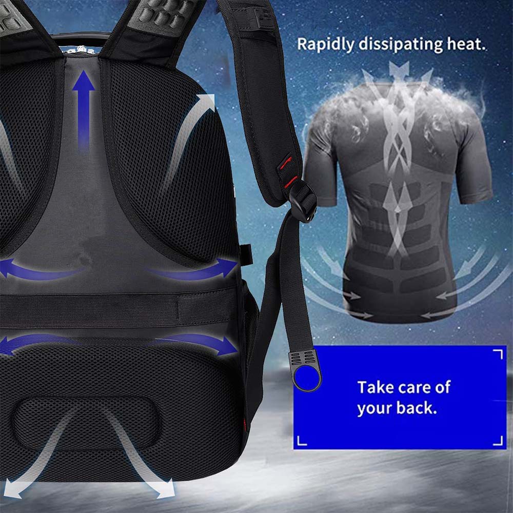 fekete unisex laptop hátizsák szellőző hátpanel infografikán, párnázott vállpánttal