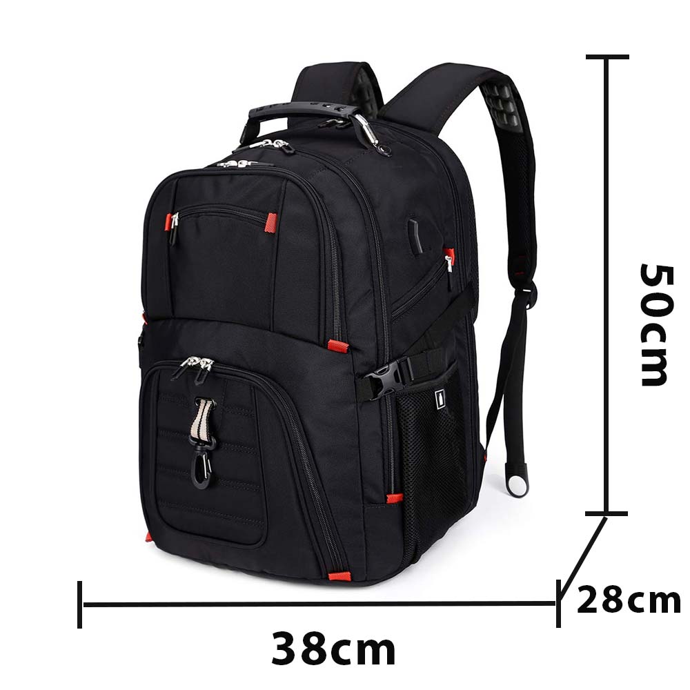 fekete unisex laptop hátizsák méretábrán, 38 x 28 x 50 cm jelöléssel