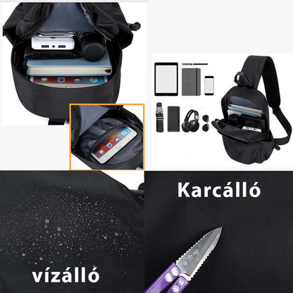 férfi melltáska, nylon anyagból, karcálló felülettel, közeli részletnézetben