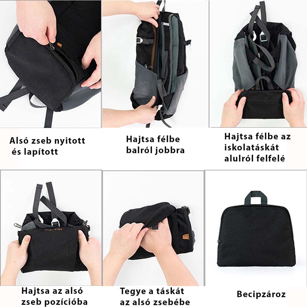 fekete 13 hüvelykes laptop hátizsák összecsukási útmutató infografikán