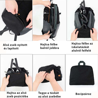 fekete 13 hüvelykes laptop hátizsák összecsukási útmutató infografikán