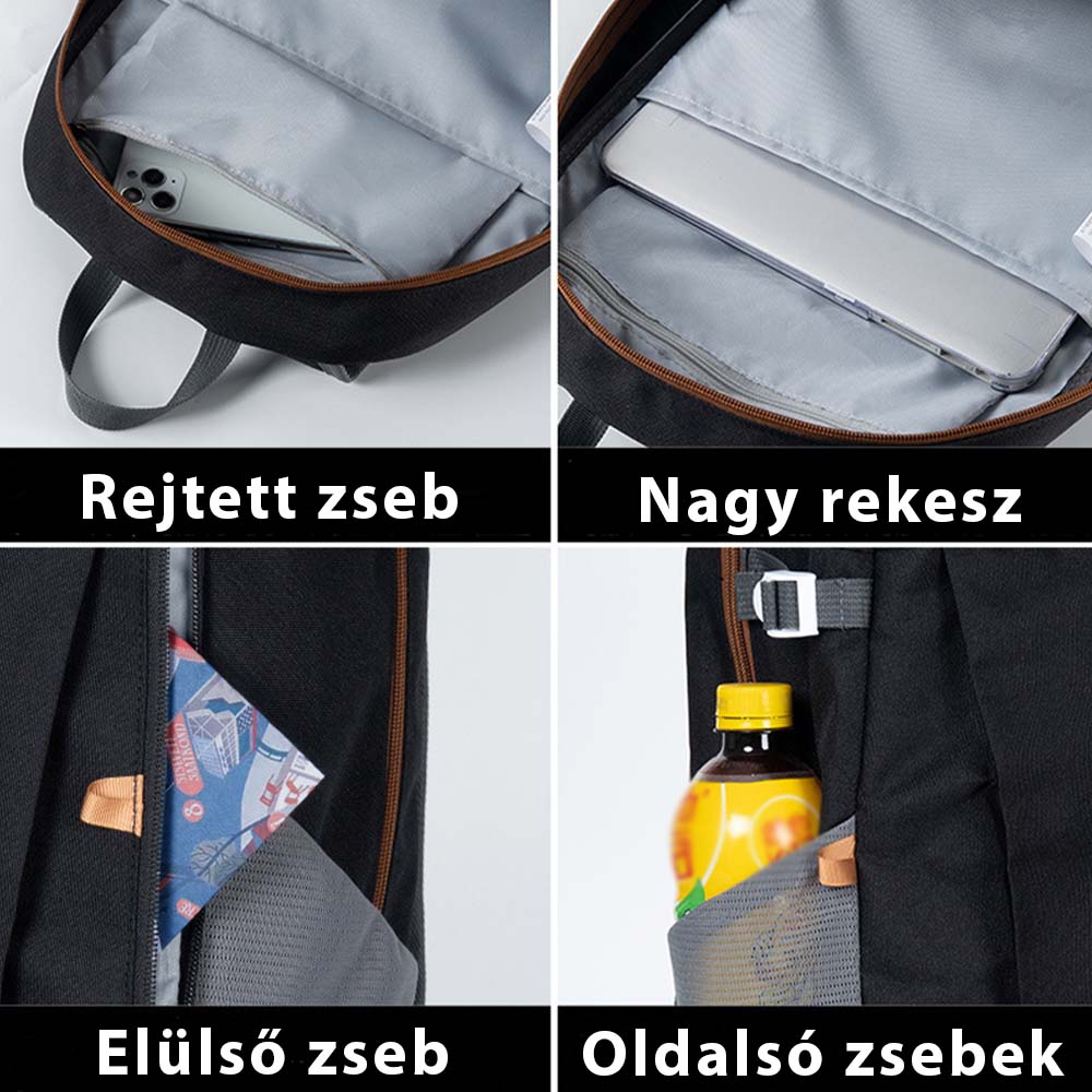 fekete 13 hüvelykes laptop hátizsák zsebkiosztás kollázson rejtett és oldalsó zsebekkel