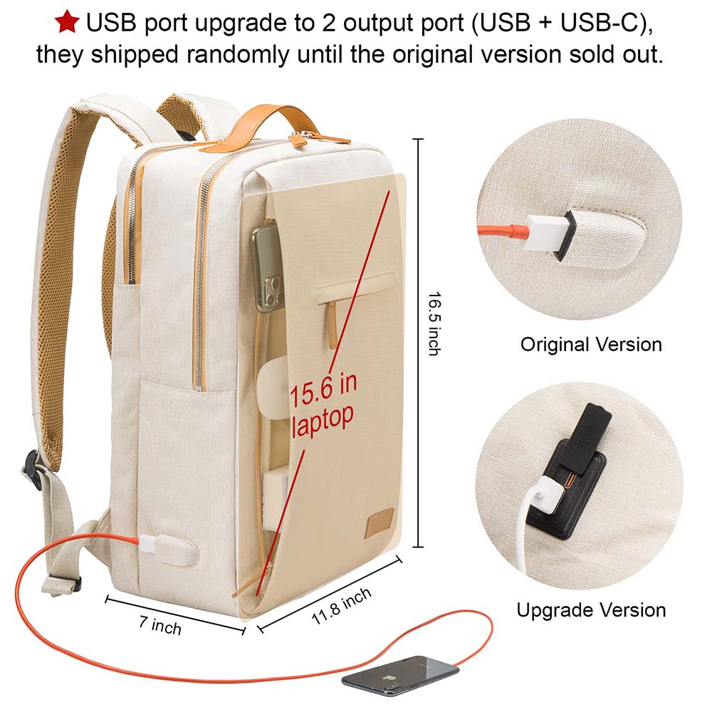 bézs unisex laptop hátizsák méret- és USB port ábrán, 15,6 hüvelykes laptophoz