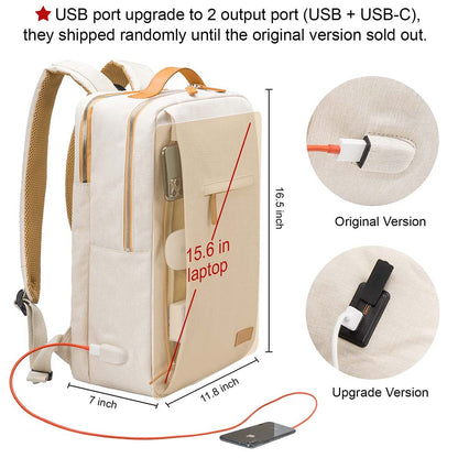 bézs unisex laptop hátizsák méret- és USB port ábrán, 15,6 hüvelykes laptophoz