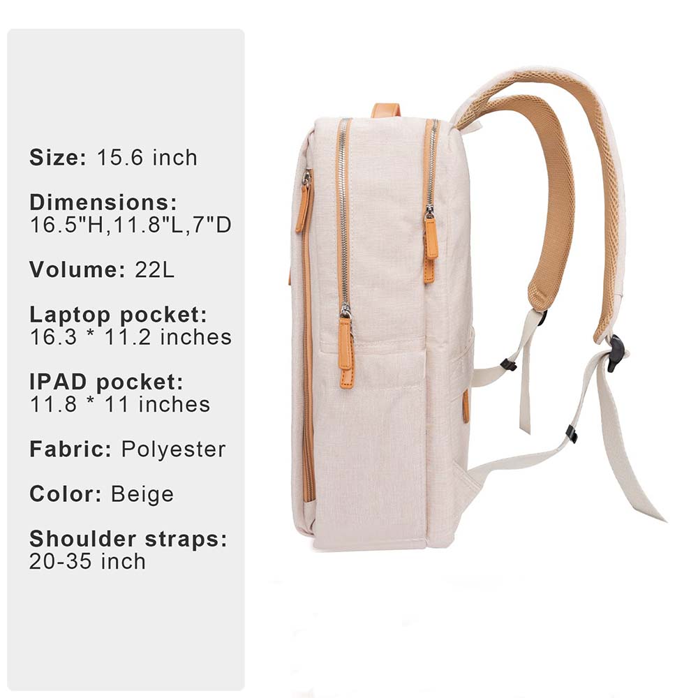 bézs unisex laptop hátizsák specifikációs ábrán, 15,6 hüvelykes laptophoz