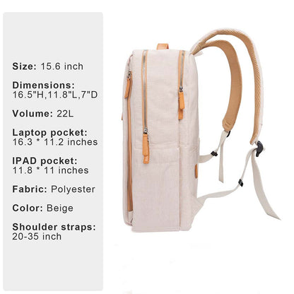 bézs unisex laptop hátizsák specifikációs ábrán, 15,6 hüvelykes laptophoz