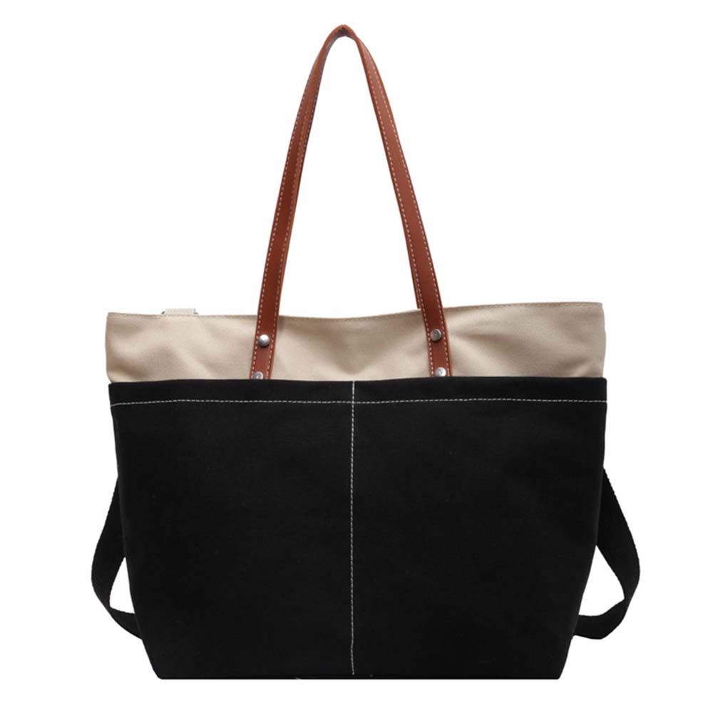 fekete-bézs női nylon shopper táska elölnézetben barna vállpántokkal
