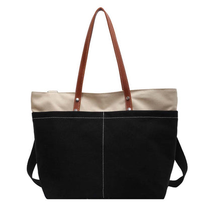 fekete-bézs női nylon shopper táska elölnézetben barna vállpántokkal