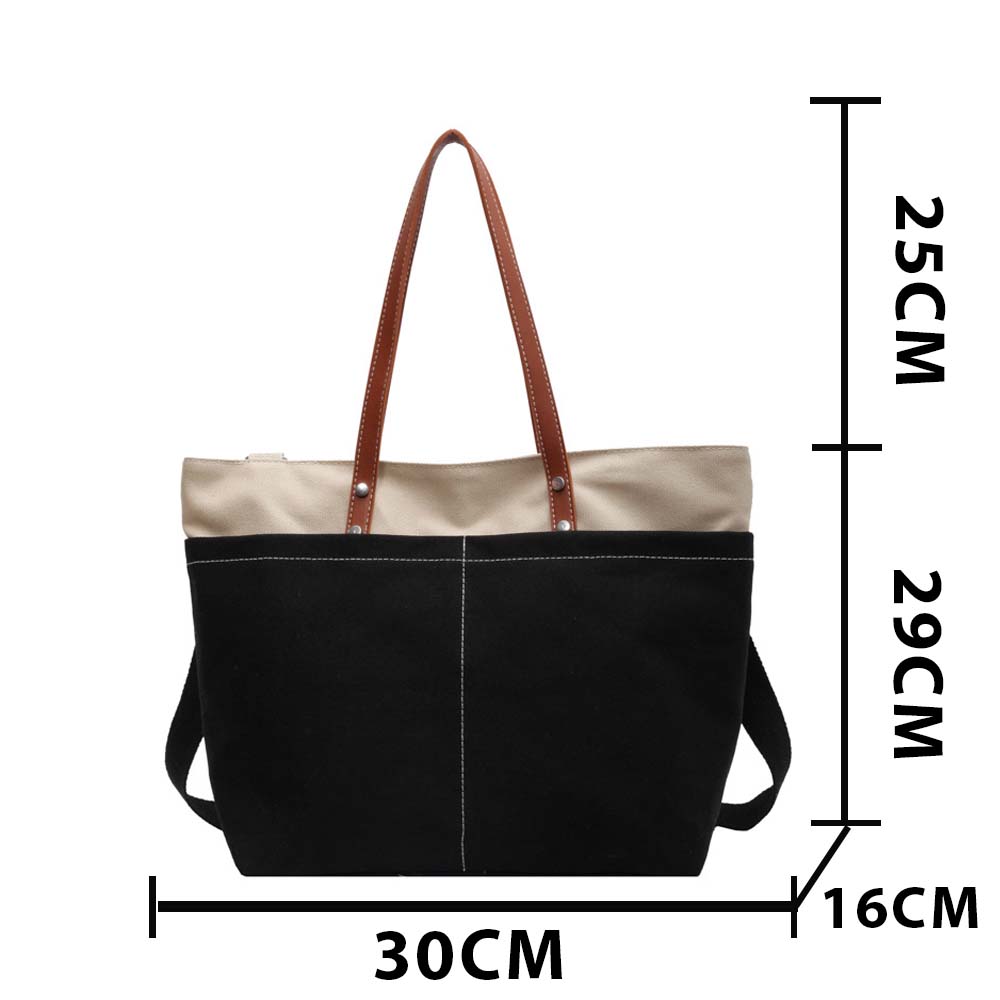fekete-bézs női nylon shopper táska méretábrán 30 x 29 x 16 cm jelöléssel