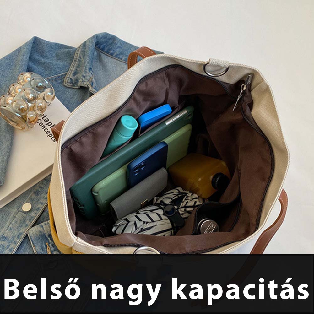 bézs női nylon shopper táska nyitott belső térrel és hétköznapi tárgyakkal