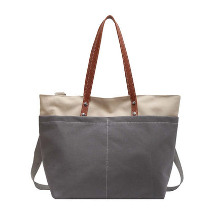 szürke-bézs női nylon shopper táska elölnézetben barna vállpántokkal