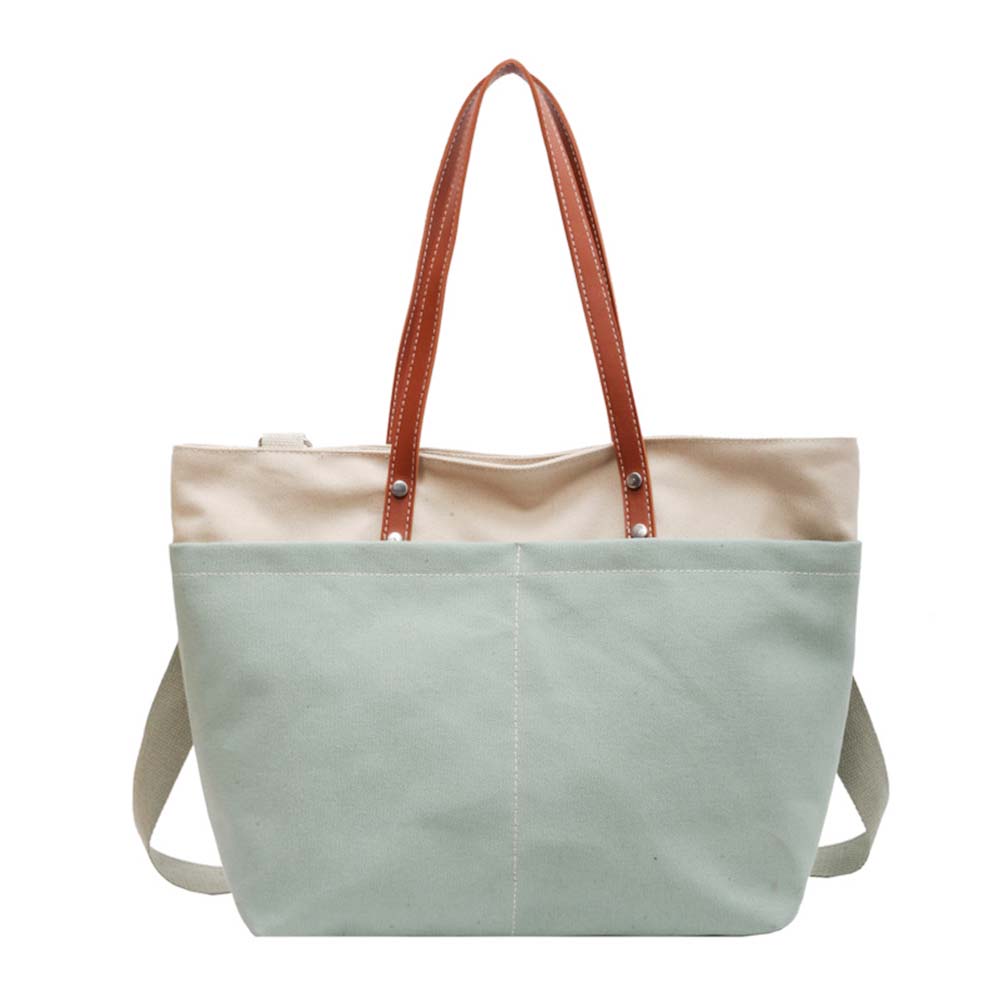 mentazöld-bézs női nylon shopper táska elölnézetben barna vállpántokkal