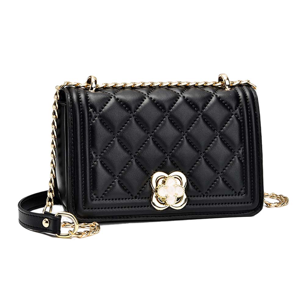 Dollcini fekete steppelt női crossbody táska, arany lánccal és virágos zárral