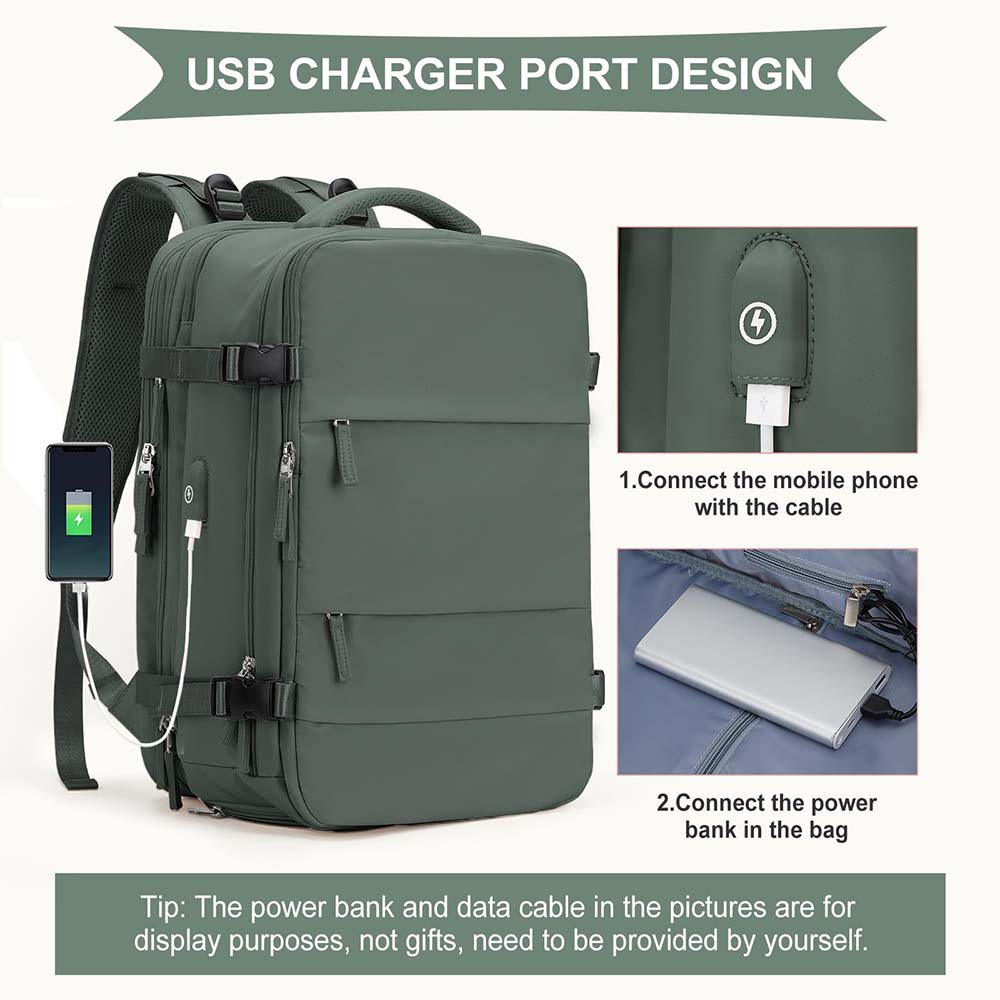 vízálló utazóhátizsák, zöld, USB töltőport használati ábrával