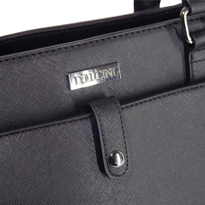 laptoptáska, fekete, tote fazonú, műbőr kivitelben, laptoprekesszel, hátoldali nézetben