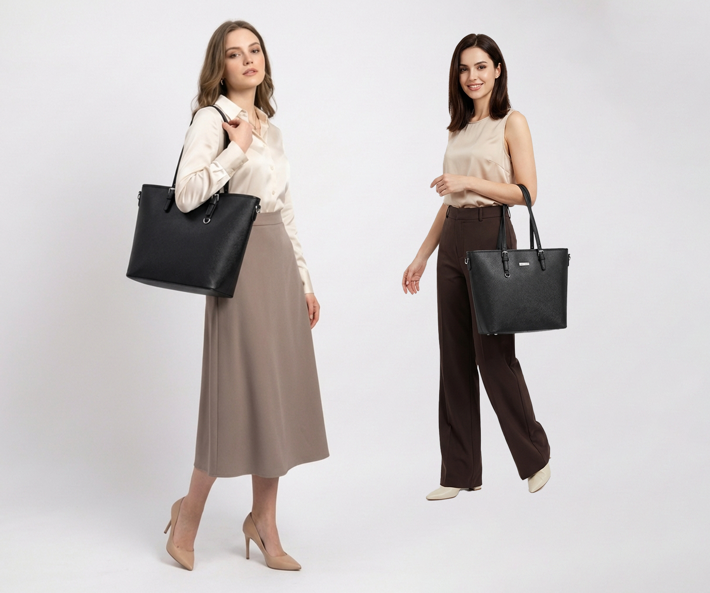 fekete klasszikus női tote kézitáska két modellen, irodai viseleti jelenetben
