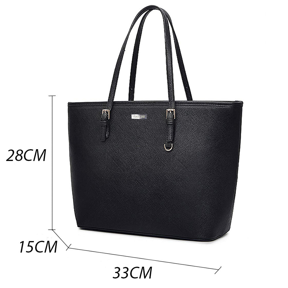 fekete klasszikus női tote kézitáska méretábrán, 33 x 28 x 15 cm jelöléssel