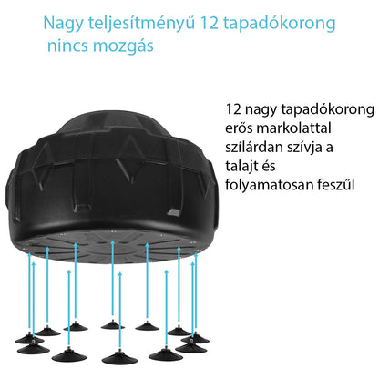 reflexlabda boxzsák tapadókorongos talpának infografikája, 12 erős szívókoronggal