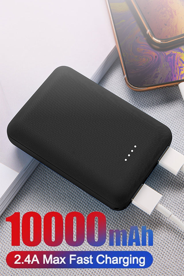 10000 mAh power bank, fekete, 2,4 A gyors töltést bemutató poszteren