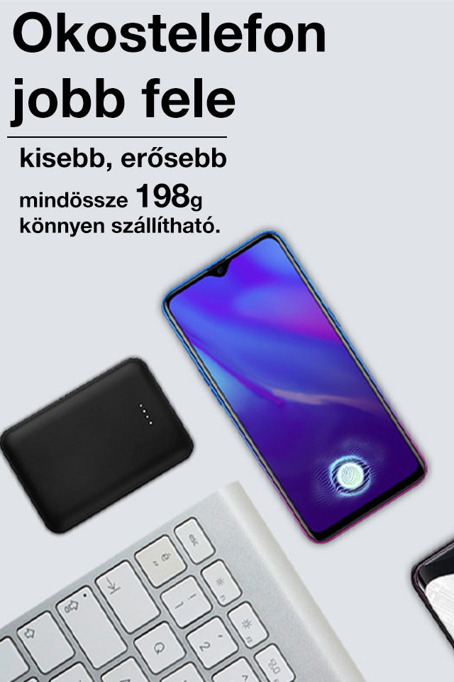 10000 mAh power bank, okostelefonnal összehasonlítva, 198 g tömeggel