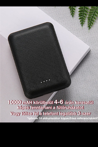 10000 mAh power bank, töltési időt és telefonfeltöltési kapacitást bemutató képen