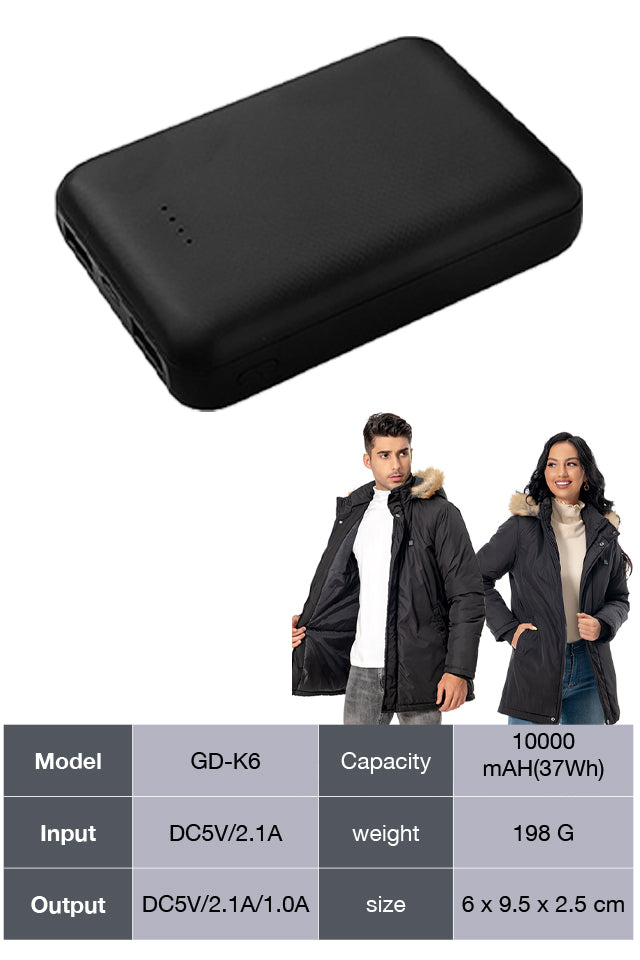 power bank fűthető ruhákhoz, 10000 mAh kapacitás és 9 x 9,5 x 2,5 cm adatokkal