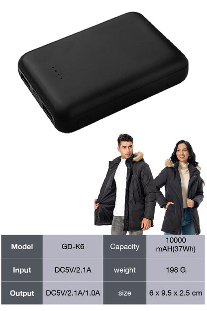 power bank fűthető ruhákhoz, 10000 mAh kapacitás és 9 x 9,5 x 2,5 cm adatokkal