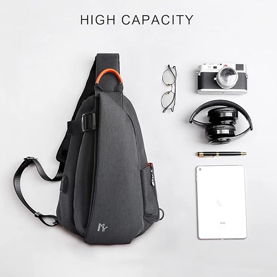 szürke-fekete USB sport sling táska kapacitásábrán, telefon, kamera és fejhallgató jelöléssel