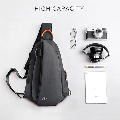 szürke-fekete USB sport sling táska kapacitásábrán, telefon, kamera és fejhallgató jelöléssel