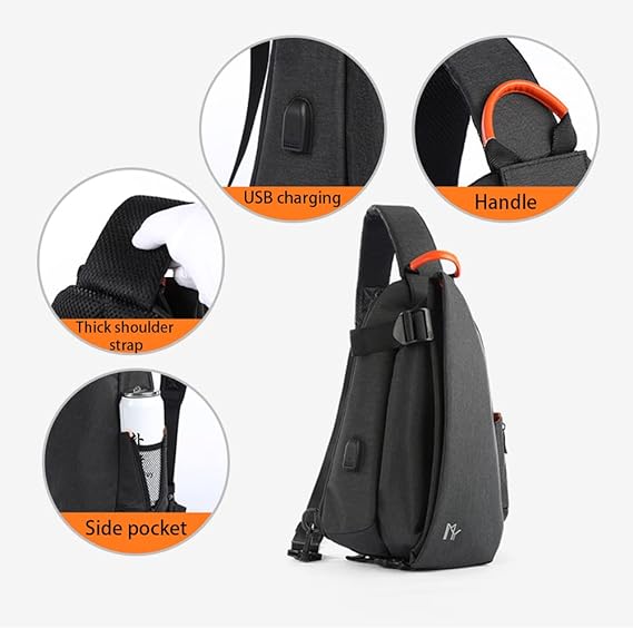 szürke-fekete USB sport sling táska funkciós ábrán, rejtett cipzárral és oldalzsebbel