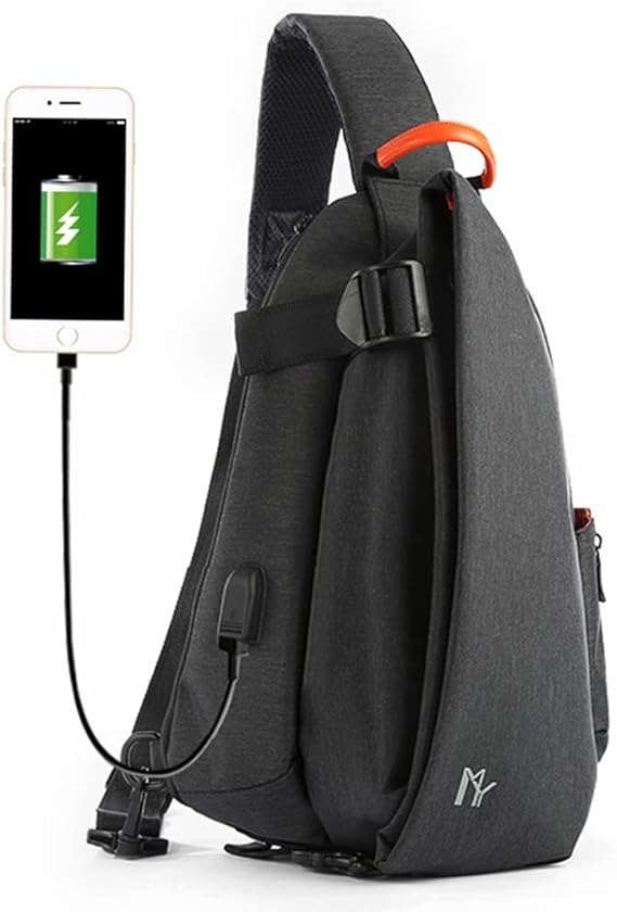 Dollcini szürke-fekete USB sport sling táska, ergonomikus egyvállas kialakítással