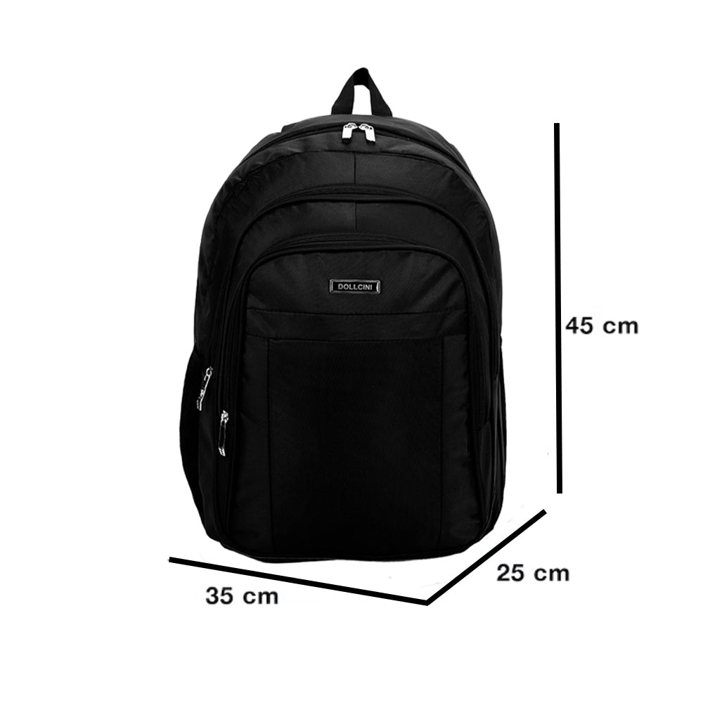 fekete 17 hüvelykes laptop hátizsák utazási méretábrán 45 x 35 x 25 cm jelöléssel