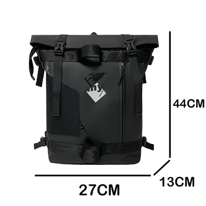 fekete roll-top laptop hátizsák méretábrán, 44 x 27 x 13 cm jelöléssel