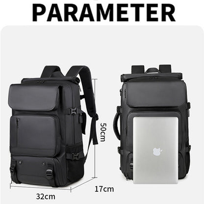 fekete férfi utazó hátizsák méretábrán, 50 x 32 x 17 cm és laptop jelöléssel