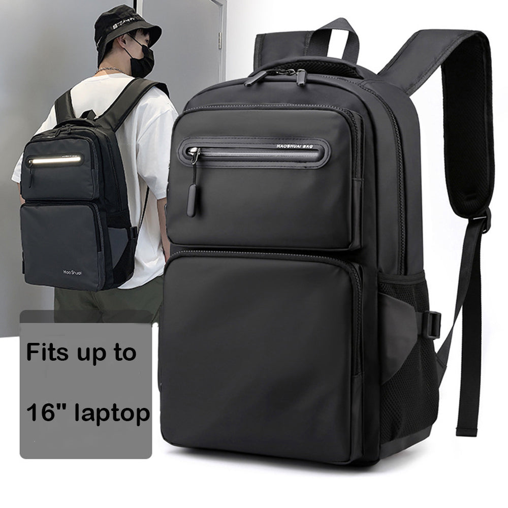 laptoptáska, fekete, kompakt, poliészter anyagból, fényvisszaverő részlettel, utazáshoz bemutatva