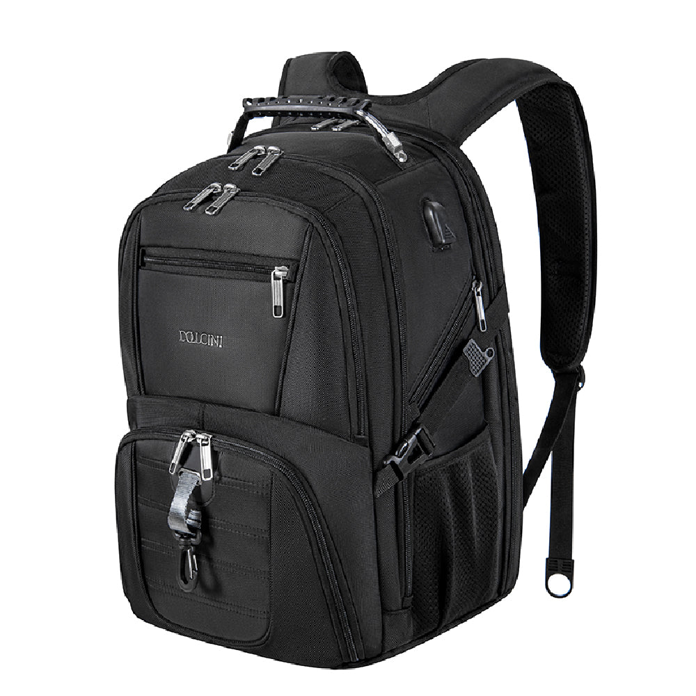 Dollcini fekete unisex laptop hátizsák, több cipzáras zsebbel és USB porttal