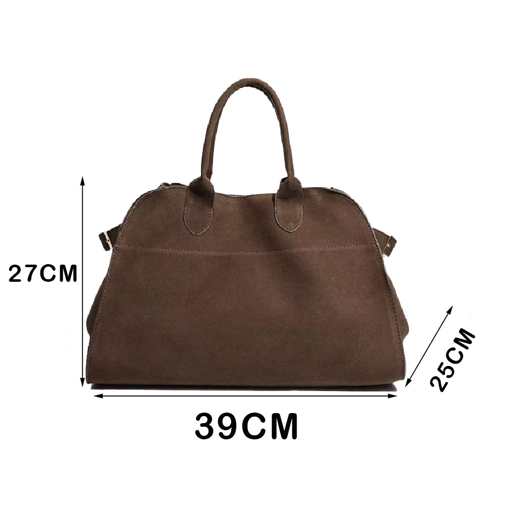 barna velúrhatású női kézitáska méretábrán 39 x 27 x 25 cm jelöléssel