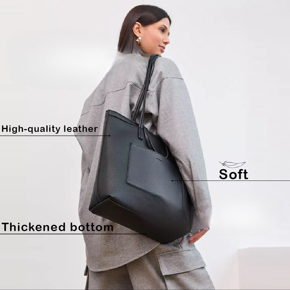 fekete nagy méretű laptop tote táska modellen, puha műbőr és vastagított talp részlettel