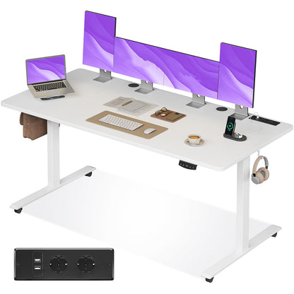 elektromosan állítható íróasztal, fehér lappal és USB csatlakozós vezérlőpanellel