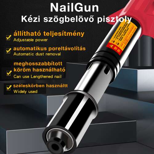 kézi szögbelövő, piros, fém részlettel, közeli nézetben