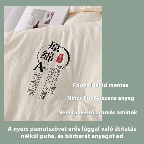 szójabrostos paplan, fehér pamutszövet címkével és anyagjellemző poszteren