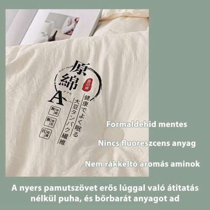szójabrostos paplan, fehér pamutszövet címkével és anyagjellemző poszteren