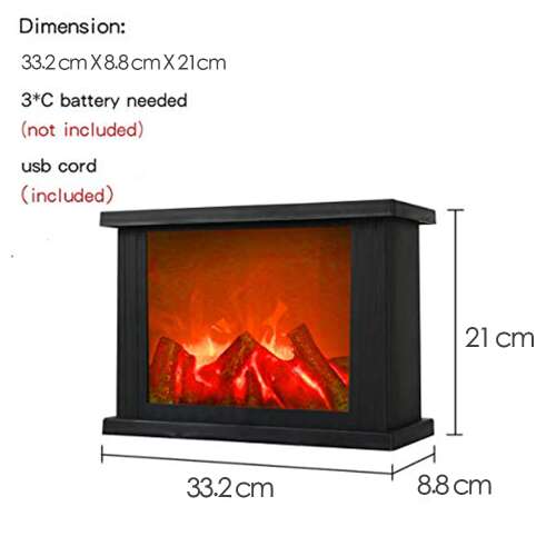 dekoratív LED kandallólámpa, 33,2 x 8,8 x 21 cm méretábrával