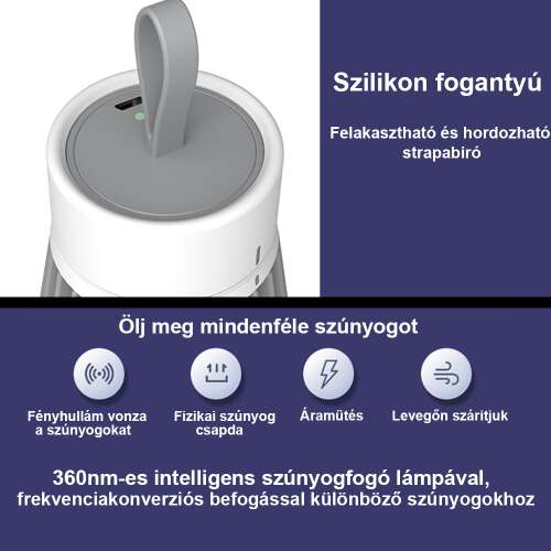 USB szúnyogirtó lámpa, szilikon fogantyúval és 360 nm-es fénycsapdával