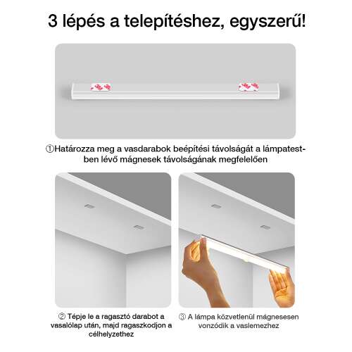 smart LED szekrénylámpa, háromlépéses mágneses telepítési útmutatóval