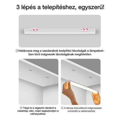 smart LED szekrénylámpa, háromlépéses mágneses telepítési útmutatóval