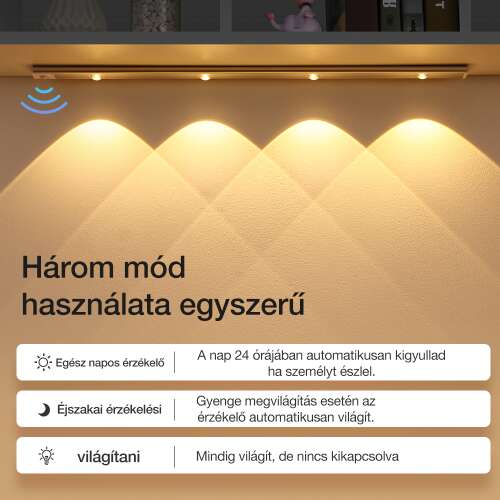 mozgásérzékelős LED szekrénylámpa, három használati móddal és érzékelős működéssel