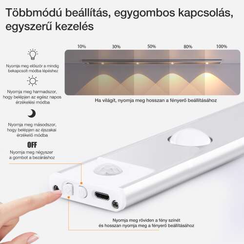újratölthető LED szekrénylámpa, fényerőállítással, időzítéssel és Type-C töltéssel