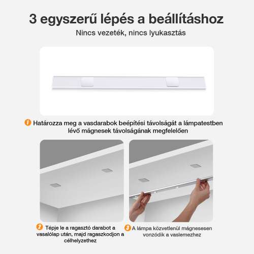 mozgásérzékelős LED szekrénylámpa, vezeték nélküli háromlépéses felszereléssel