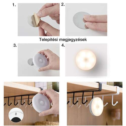 kerek mozgásérzékelős LED lámpa, ragasztós telepítési lépésekkel